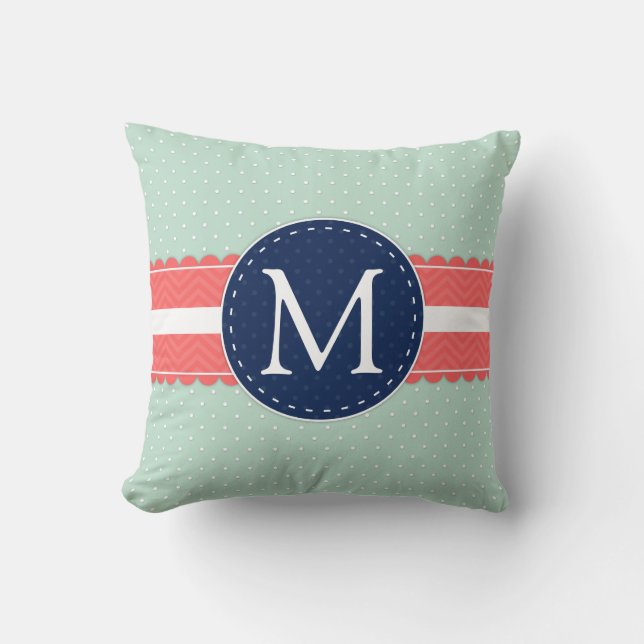 Mint Polka Dot Muster Cornavy Blue Monogram Kissen (Vorderseite)
