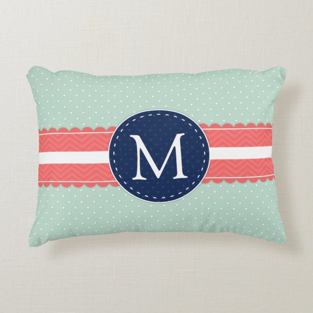 Mint Polka Dot Muster Cornavy Blue Monogram Zierkissen (Vorderseite)
