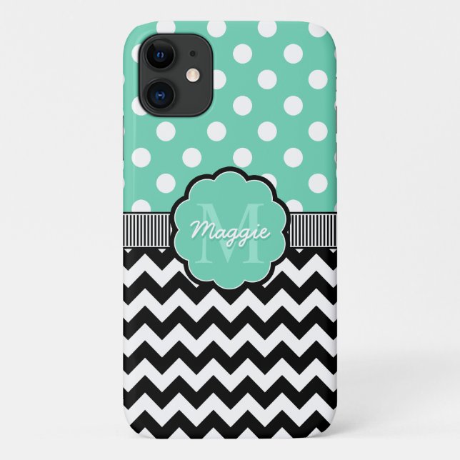 Mint Polka Dots Black Zickzack Monogram Case-Mate iPhone Hülle (Rückseite)