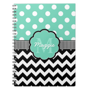 Mint Polka Dots Black Zickzack Monogram Notizblock