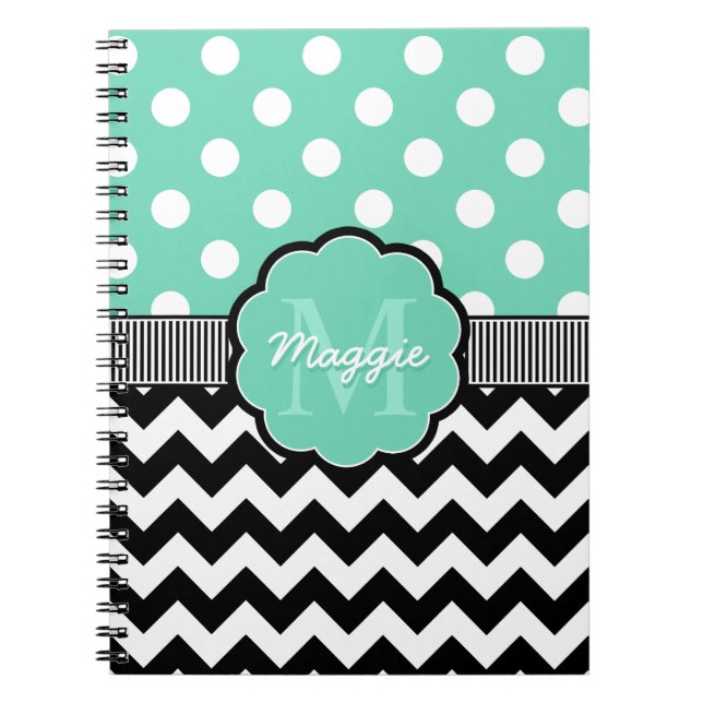Mint Polka Dots Black Zickzack Monogram Notizblock (Vorderseite)
