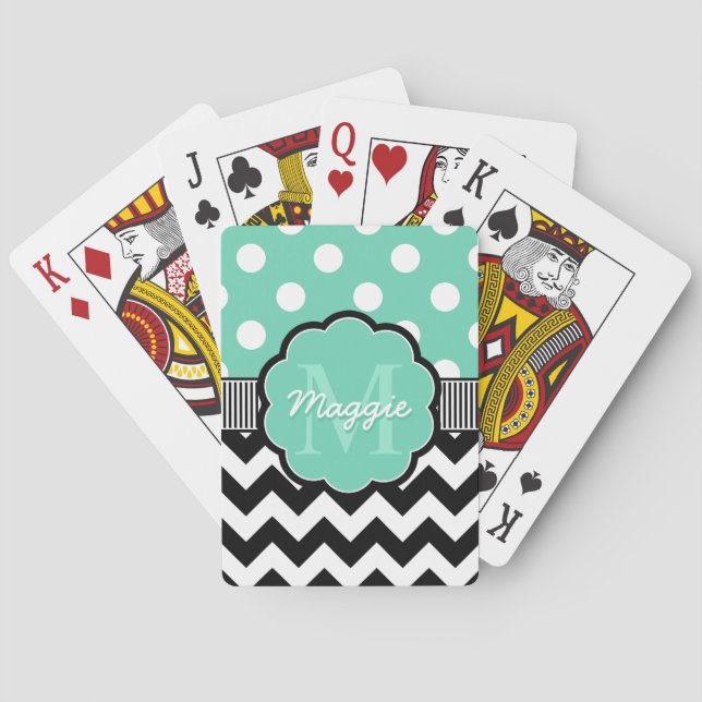 Mint Polka Dots Black Zickzack Monogram Spielkarten (Rückseite)