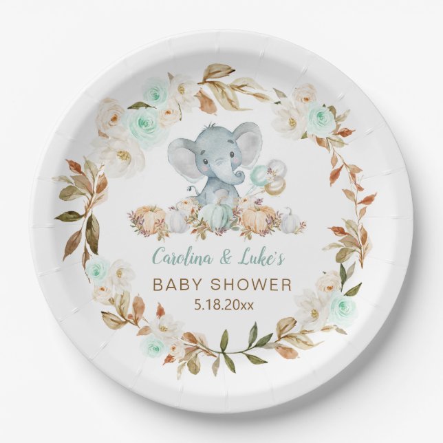 Mint Pumpkin Elephant Baby Shower Party Paper Plat Pappteller (Vorderseite)
