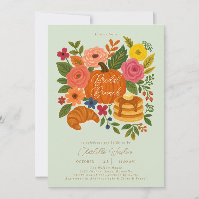 Mint Pumpkin Floral Fall Bridal Brunch Einladung (Vorderseite)