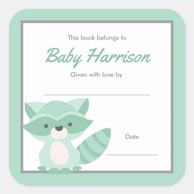 Mint Raccoon Baby Dusche Buchzeichen, neutral Quadratischer Aufkleber (Vorderseite)