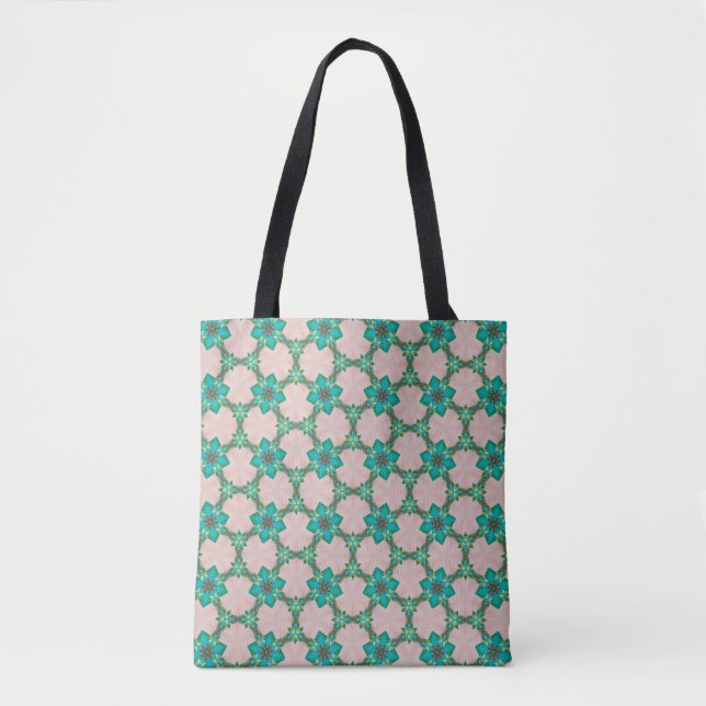 Mint & Red Retro Floral Tote Bag Tasche (Vorderseite)