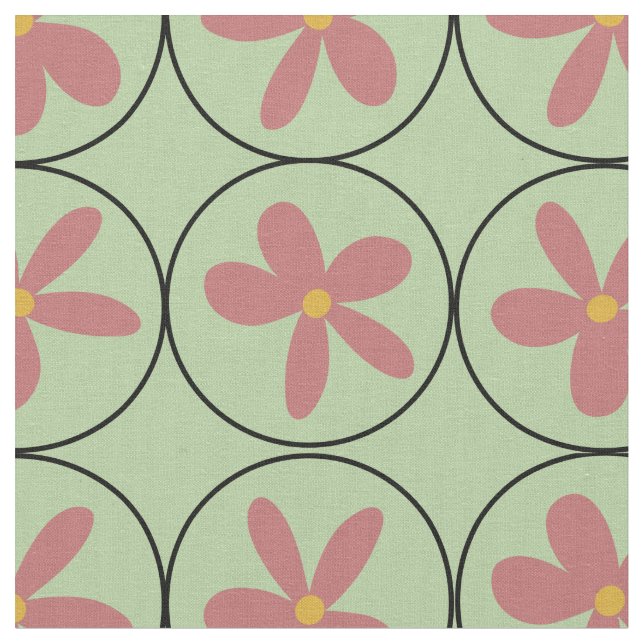 Mint Retro Floral Tile Combed Cotton Fabric Stoff (Nahaufnahme)