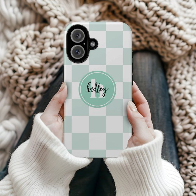 Mint Retro Karo Monogram Case-Mate iPhone Case (Von Creator hochgeladen)