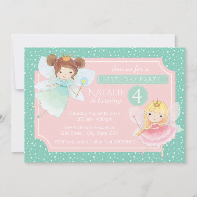 Mint Rose Fairy Princess Invitation de fête d'anni (Devant)