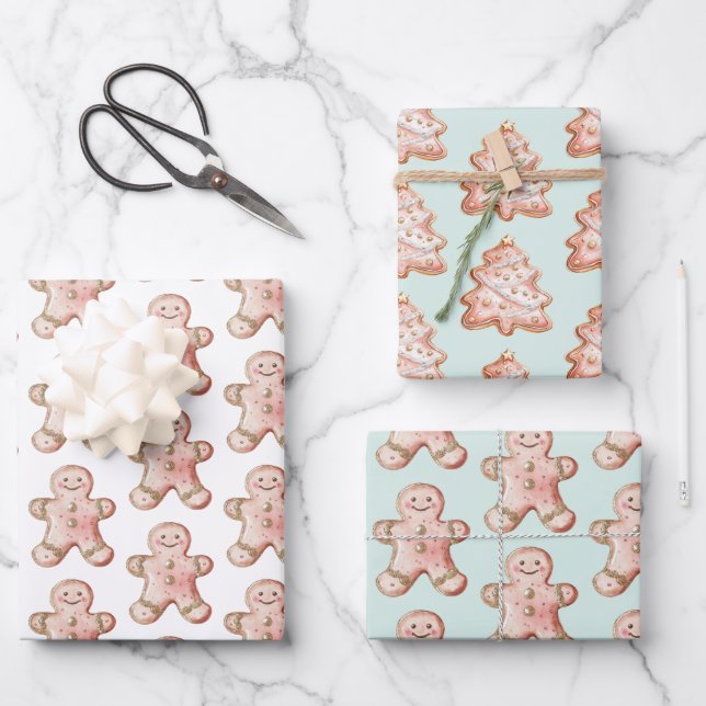Mint Rose Gold Gingerbread Cookie Christmas Trees Geschenkpapier Set (Vorderseite)
