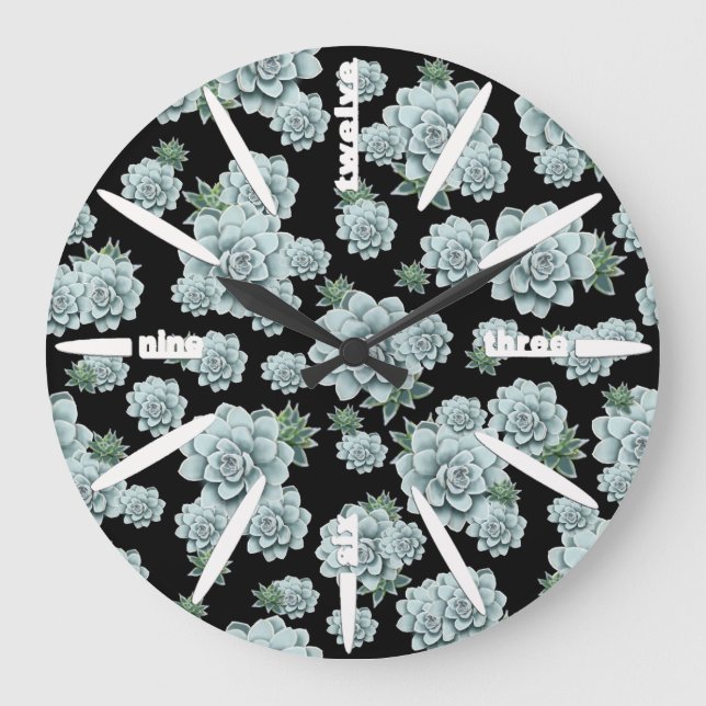 Mint Rosette Succulents Wiederholen Druck auf schw Große Wanduhr (Vorderseite)