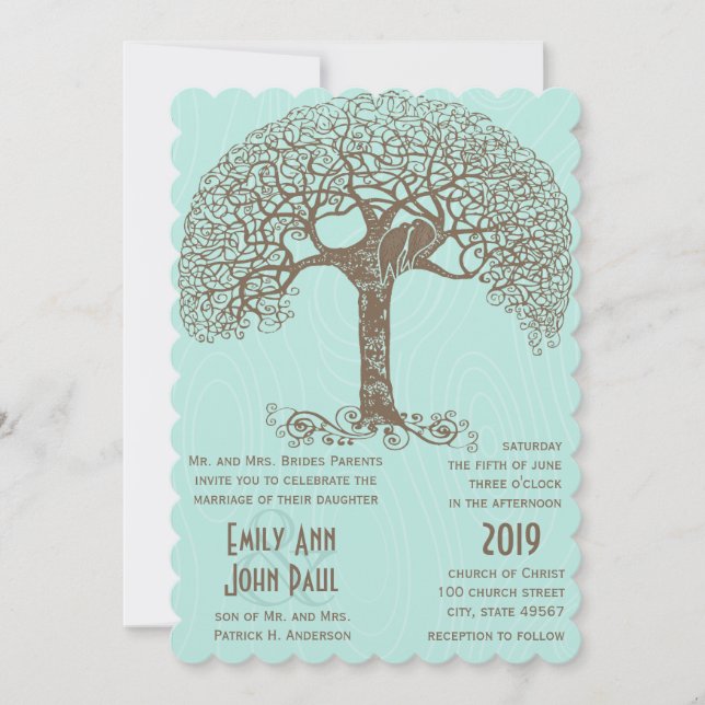 Mint Rustic Romantic Love Bird Wirbler Baum Einladung (Vorderseite)