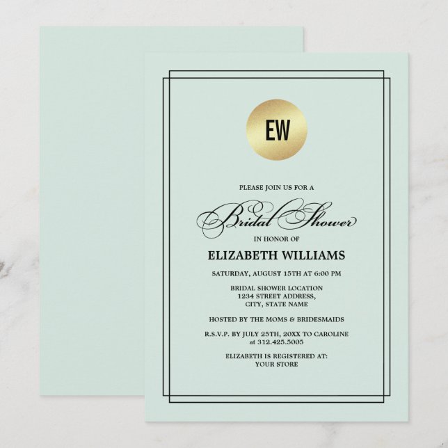 Mint | Schwarzes Elegantes Minimalistisches Brautp Einladung (Vorne/Hinten)