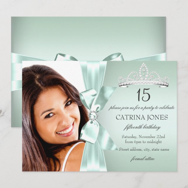 Mint Silver Diamond Bow & Tiara Quinceanera Einlad Einladung (Vorne/Hinten)
