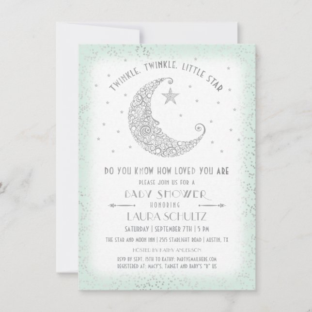 Mint Silver Twinkle Little Star Baby Dusche Einladung (Vorderseite)