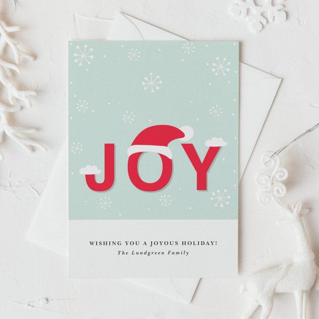 Mint Snow Joy Holiday Grußkarte Feiertagskarte (This holiday card design showcases the word “JOY” in lettering, playfully topped with a Santa hat.)