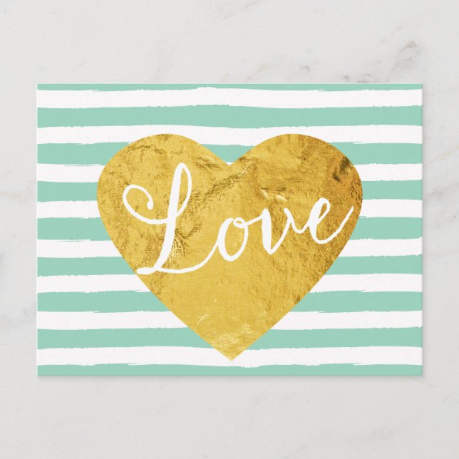 Mint Stripes Fake Gold Liebe Niedlich Girl Postkarte (Vorderseite)