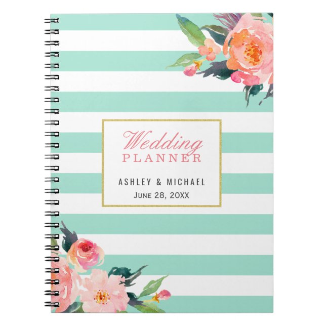 Mint Stripes Floral Wedding Planner Gästebuch Notizblock (Vorderseite)