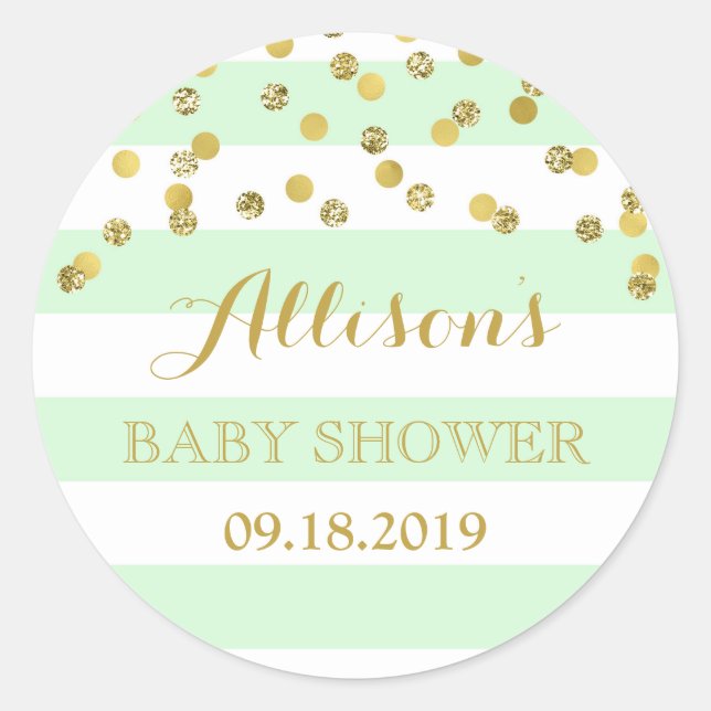 Mint Stripes Gold Confetti Baby Dusche Gefallen Ta Runder Aufkleber (Vorderseite)