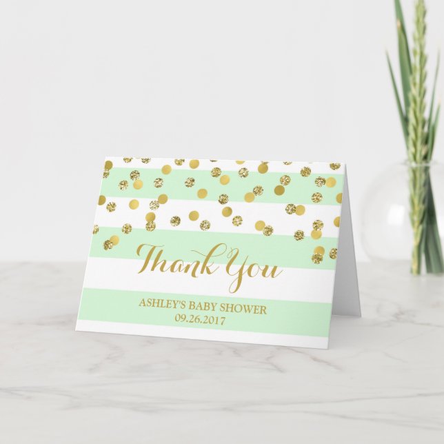 Mint Stripes Gold Confetti Baby Dusche Vielen Dank Dankeskarte (Vorderseite)
