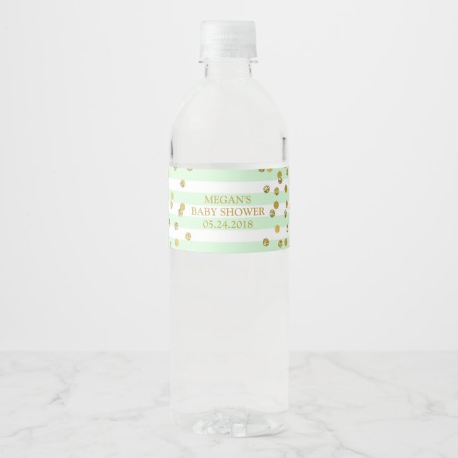 Mint Stripes Gold Confetti Babydusche Etikett (Vorderseite)