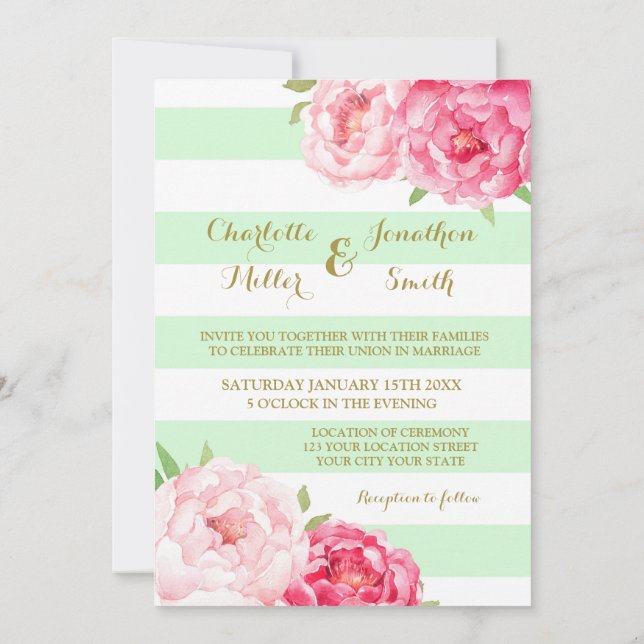 Mint Stripes Gold Pink Blume Hochzeitseinladungen Einladung (Rückseite)