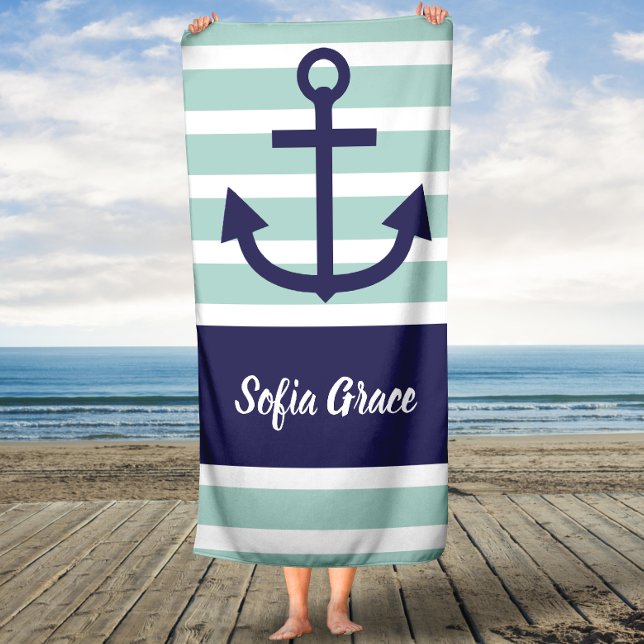Mint Stripes Marine Ancre Nom du script Serviette  (Créateur téléchargé)