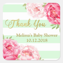 Mint Stripes Pink Blumendusche Danke Quadratischer Aufkleber