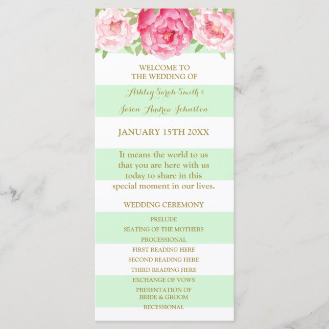 Mint Stripes Pink Watercolor Hochzeitsprogramm Programm (Vorderseite)