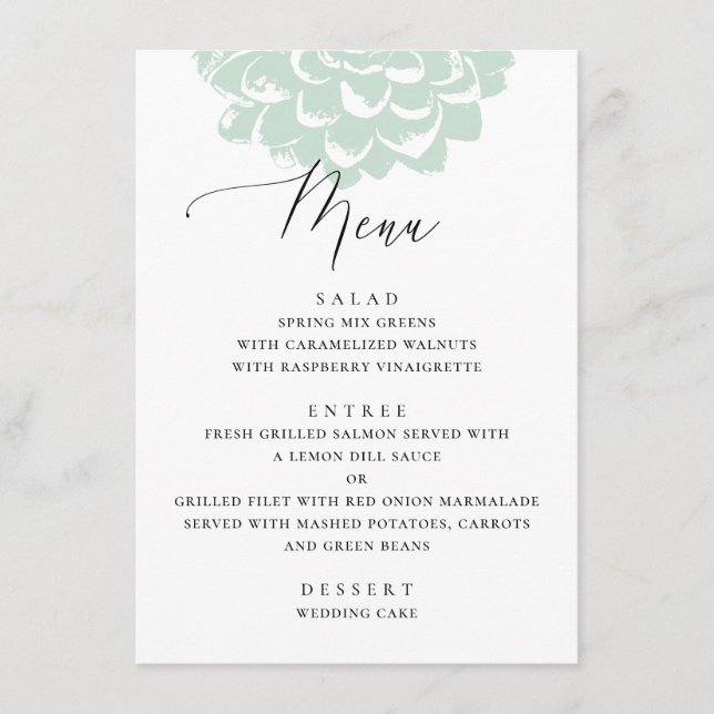 Mint sukkulent. Einfache Hochzeit mit Blumenkaktee Menükarte (Vorderseite)