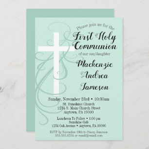 Mint Swirl Cross First Holy Communion Invitation