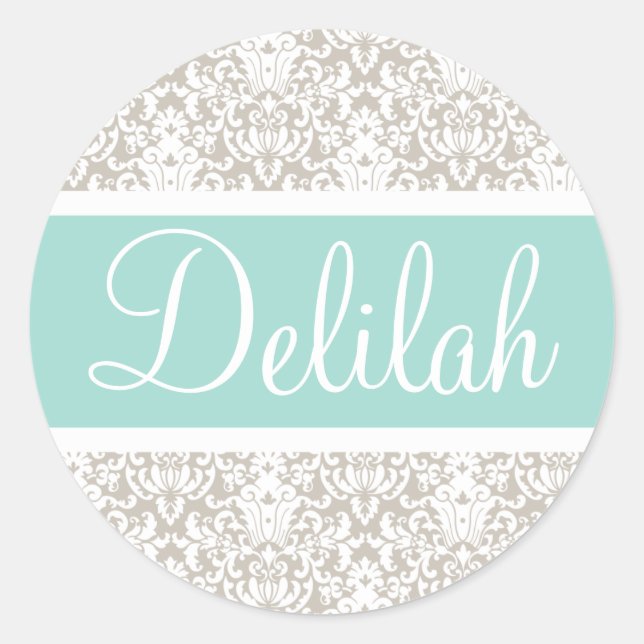 Mint Tan White Damask Custom Runder Aufkleber (Vorderseite)