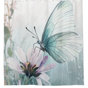 Mint Teal Schmetterling Soft Pastel Floral Duschvorhang
