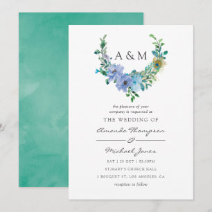 Mint- und Blaue Aquarell-Blumen-Hochzeitseinladung Einladung