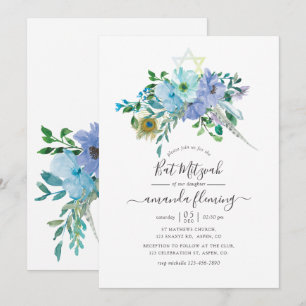 Mint- und Blaue Aquarell-Boho-Floral-Bat-Mizwa Einladung
