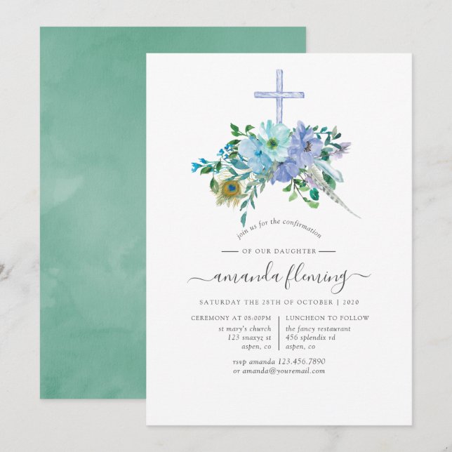 Mint und Blue Boho Bestätigung Einladung (Vorne/Hinten)