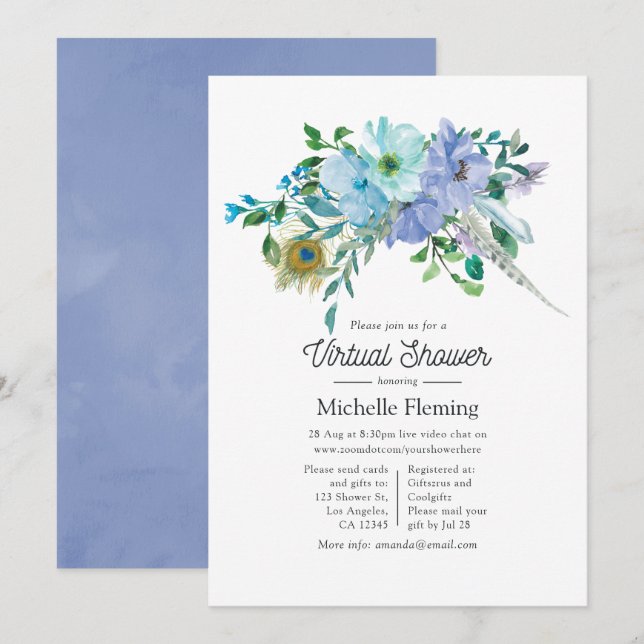 Mint und Blue Boho Virtual Baby Dusche Einladung (Vorne/Hinten)