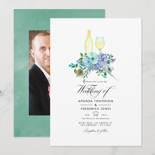 Mint und Blue Boho Weinprobe Hochzeit Einladung (Vorne/Hinten)