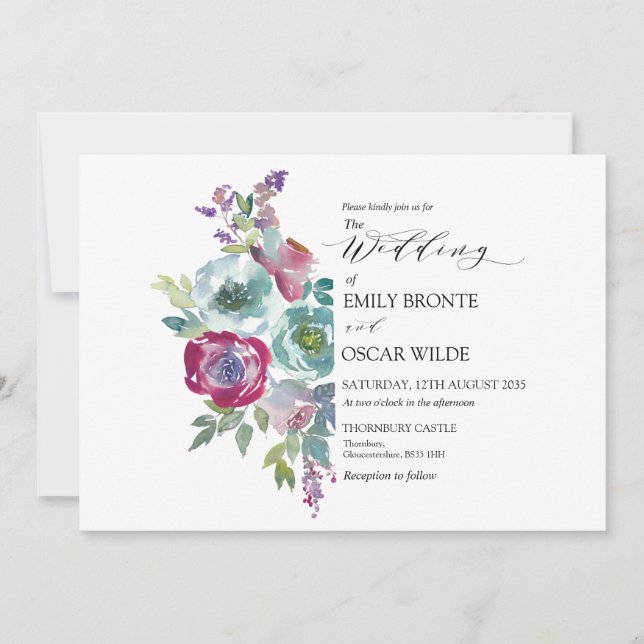 Mint und Mauve Watercolor Blumenhochzeit Einladung (Vorderseite)