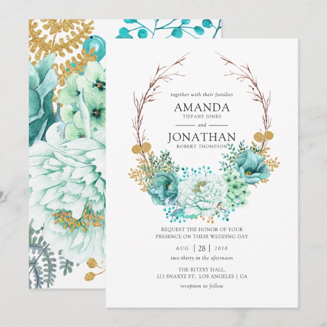Mint Watercolor Floral Wedding Einladung (Vorne/Hinten)