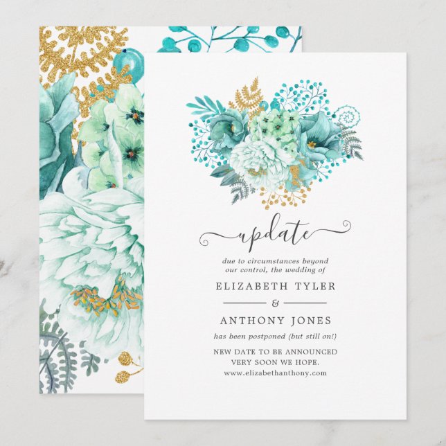 Mint Watercolor Floral Wedding Update Einladung (Vorne/Hinten)