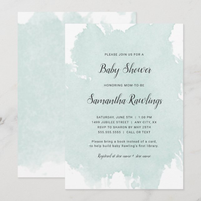 Mint Watercolor Splash Babydusche Einladung (Vorne/Hinten)