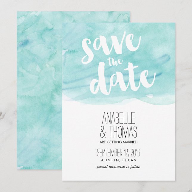 Mint Watercolor Wedding Save the Date Einladung (Vorne/Hinten)