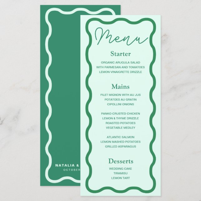 Mint Wavy Retro Hochzeit Menükarte (Vorne/Hinten)
