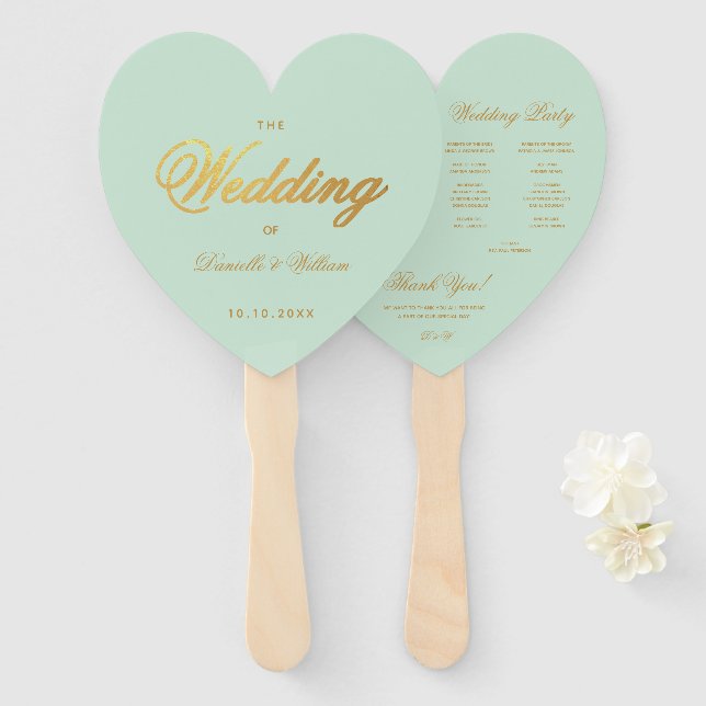 Mint Wedding Program Imitate Gold Script Green Hea Fächer (Vorne und Hinten)