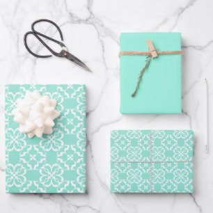 Mint & Weißes Blumenrastermuster Geschenkpapier Set