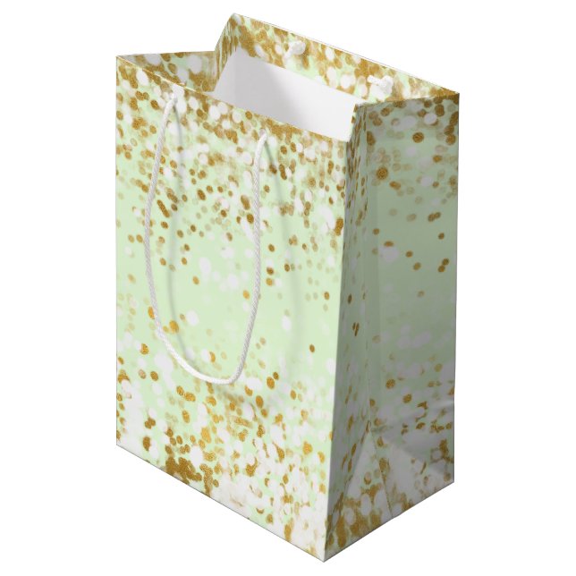 Mint White Gold Confetti Sparkle Mittlere Geschenktüte (Vorderseite Schrägansicht)