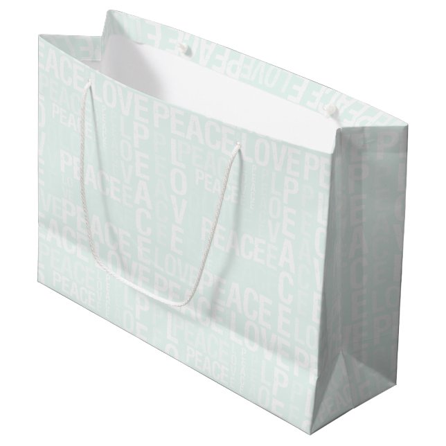 Mint White Peace Love Christmas Große Geschenktüte (Vorderseite Schrägansicht)