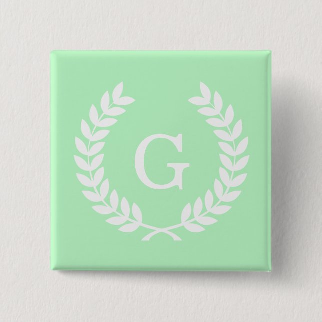 Mint White Wheat Laurel Wreath Initial Monogram Button (Vorderseite)
