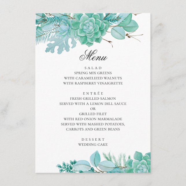 Mint Winter Blumen Hochzeit. Aquarellbilder Menükarte (Vorderseite)